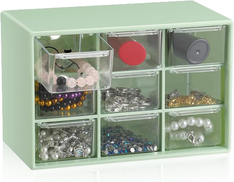 LIPCHEEGO 6 Pcs Small Drawer Organizer for Desk, Mini Desktop Drawer Organizer with 9 Clear Drawers, Plastic Desktop Craft Storage Box for Desk Office School Home 7.1" x 3. 8" x 4.6" (Green) - Image 2